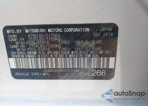 2017 Mitsubishi Outlander Se/Sel из США, поврежденный, VIN JA4AD3A39HZ024348